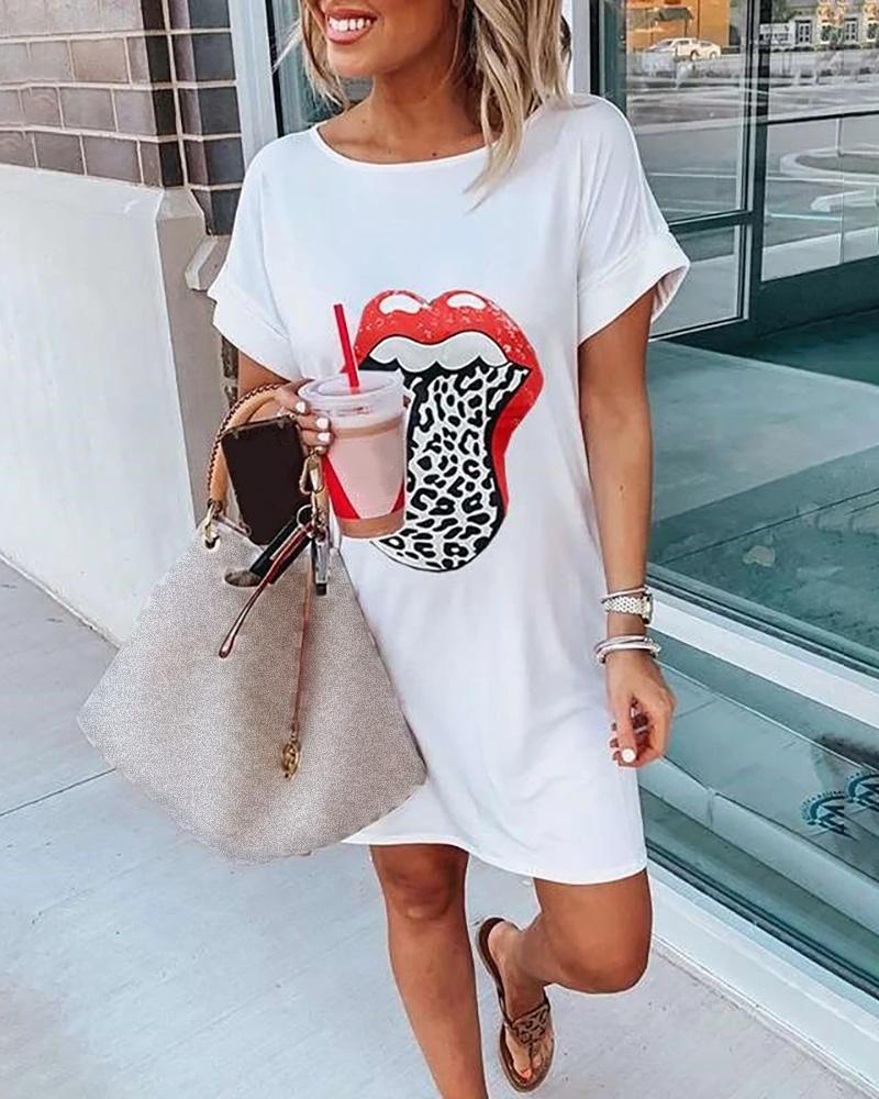 

Pineapple / Cheetah / Lip Print Short Sleeve Casual Dress, Red