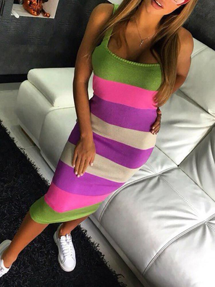 

Women Strappy Color Block Stripes Slinky Bodycon Dress, Green;blue