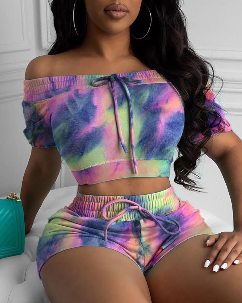 

Off Shoulder Tie Dye Print Drawstring Top & Shorts Set, Multicolor