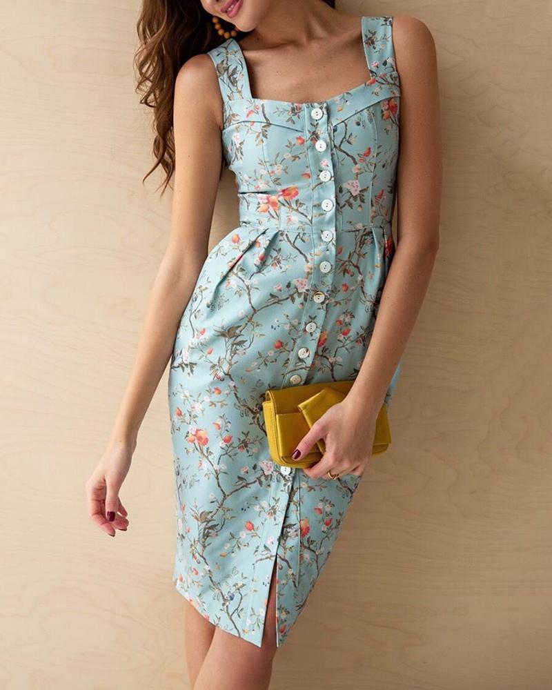 

Thin Strap Floral Print Buttoned Bodycon Dress
