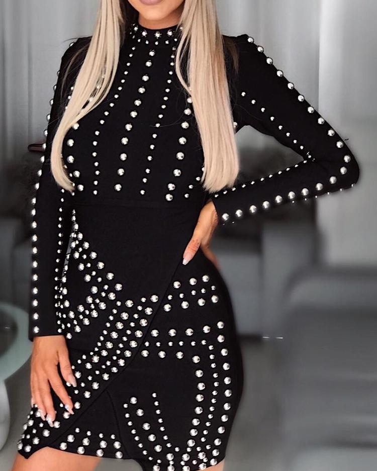 

Beaded Long Sleeve Bodycon Dress, Black