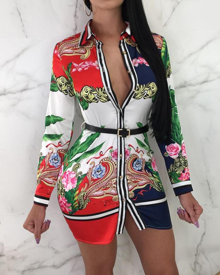 

Vintage Floral Long Sleeve Mini Shirt Dress, Blue