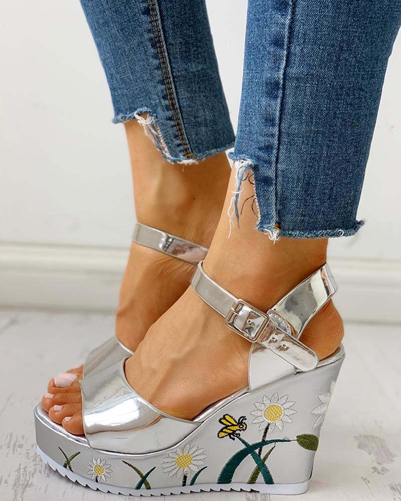 

Floral Embroidered Platform Wedge Sandals, Silver