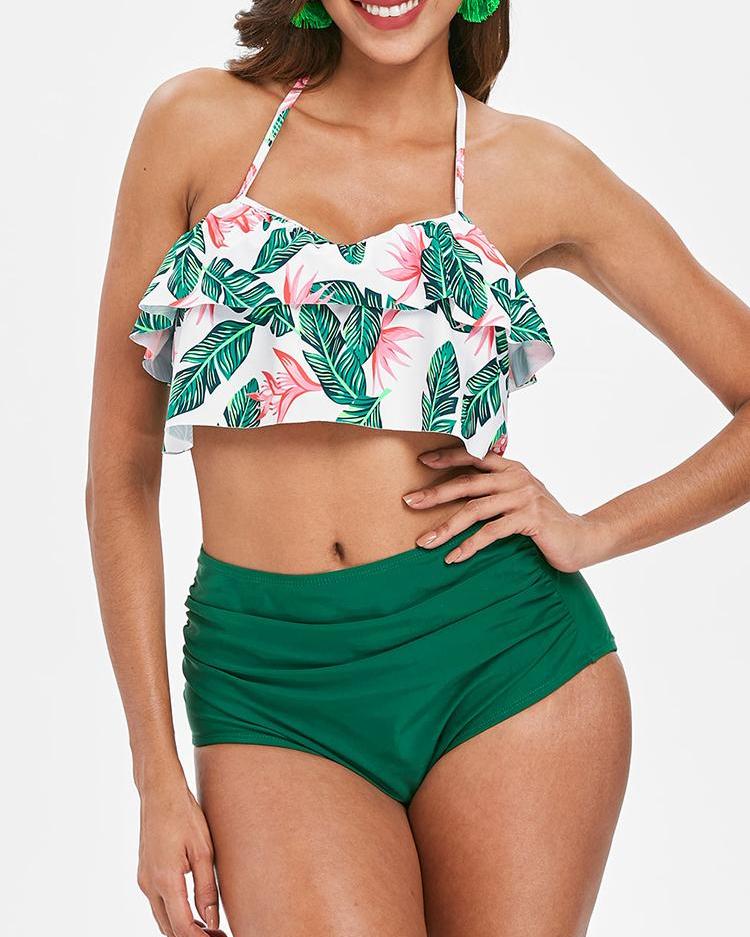 

High Waist Palm Leaf Print Ruched Tankini Set, Green