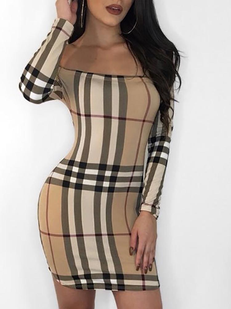 

Plaid Print Off Shoulder Long Sleeve Bodycon Dress