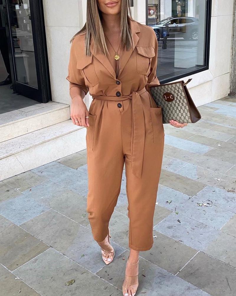 

Brief Solid Belt Cargo Jumpsuits, Brown