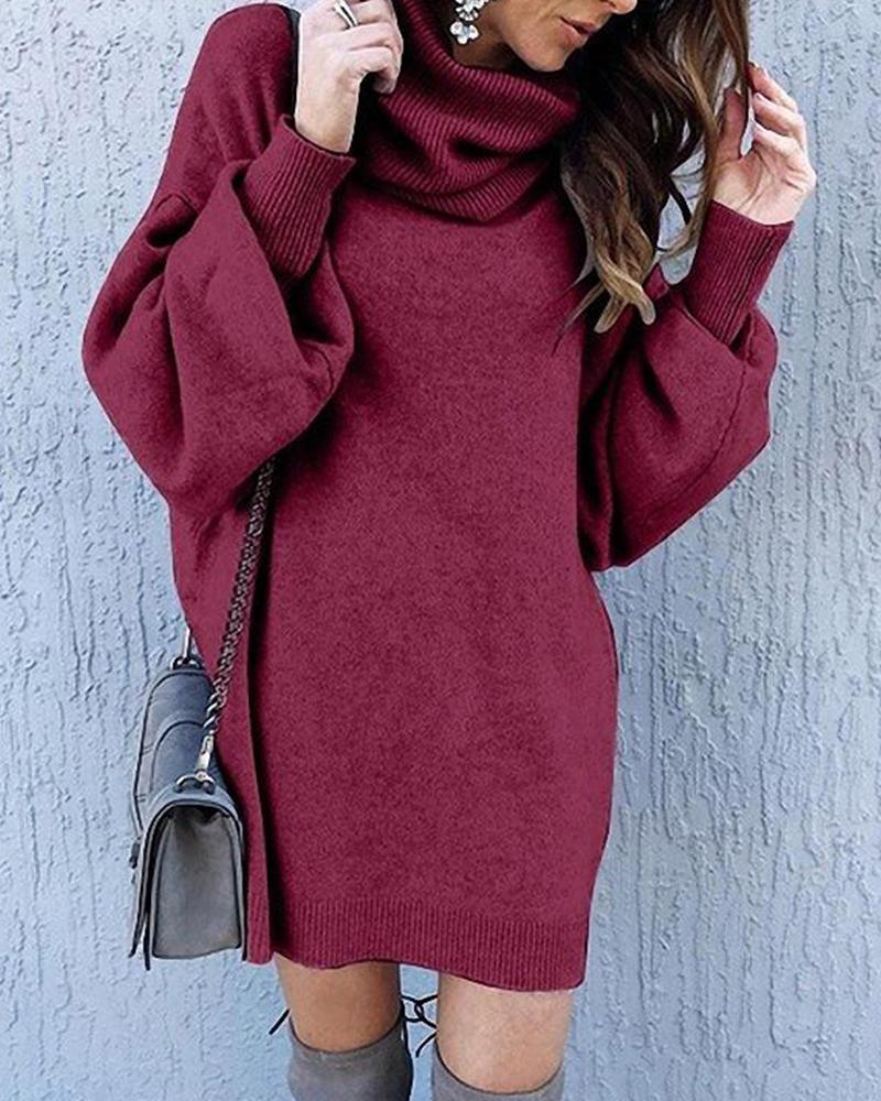 

Solid High Neck Sweater Dress, Purple