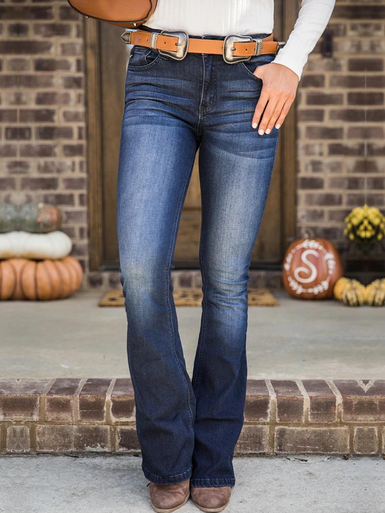 

Solid Pocket Design Bell-Bottom Jeans, Blue