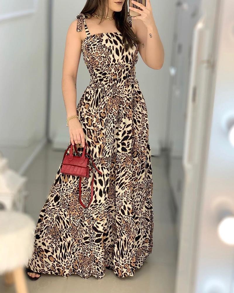 

Tied Strap Cheetah Print Shirring Waist Maxi Dress, Leopard