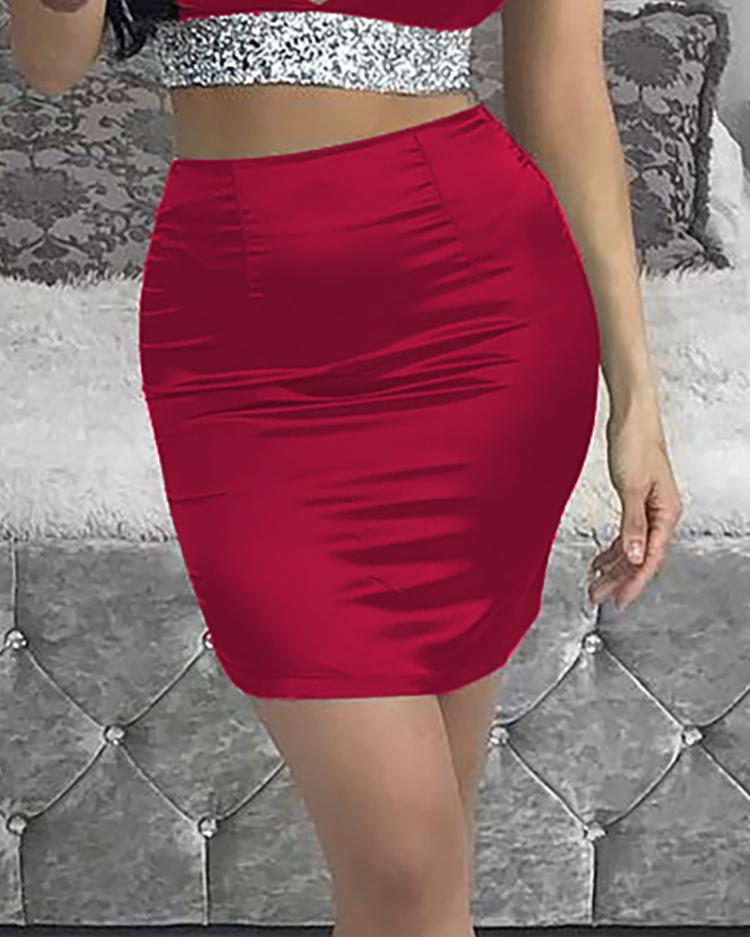 

Solid High Waist Slinky Mini Skirts, Wine red