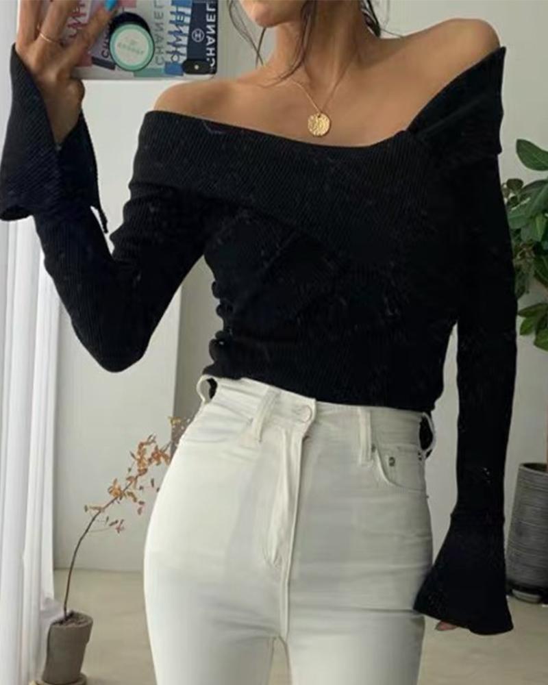 

Off Shoulder Bell Sleeve Solid Knit Top, Black