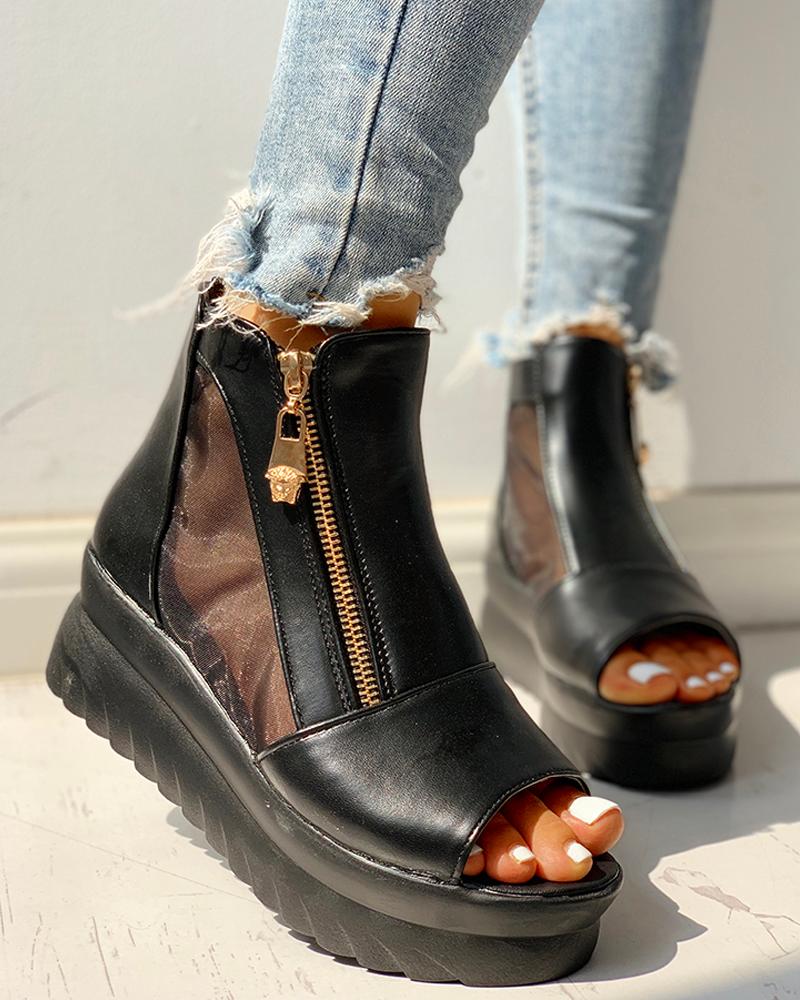 

Patchwork Mesh See Through Zipped Design Platform Sandals, Black