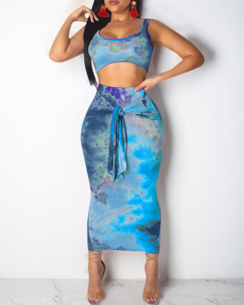 

Tie Dye U-Neck Crop Top & Sllinky Skirt Sets, Light blue