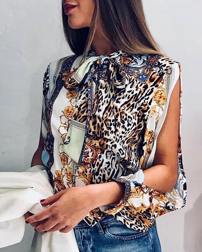 

Leopard Print Slit Sleeve Casual Blouse, Multicolor
