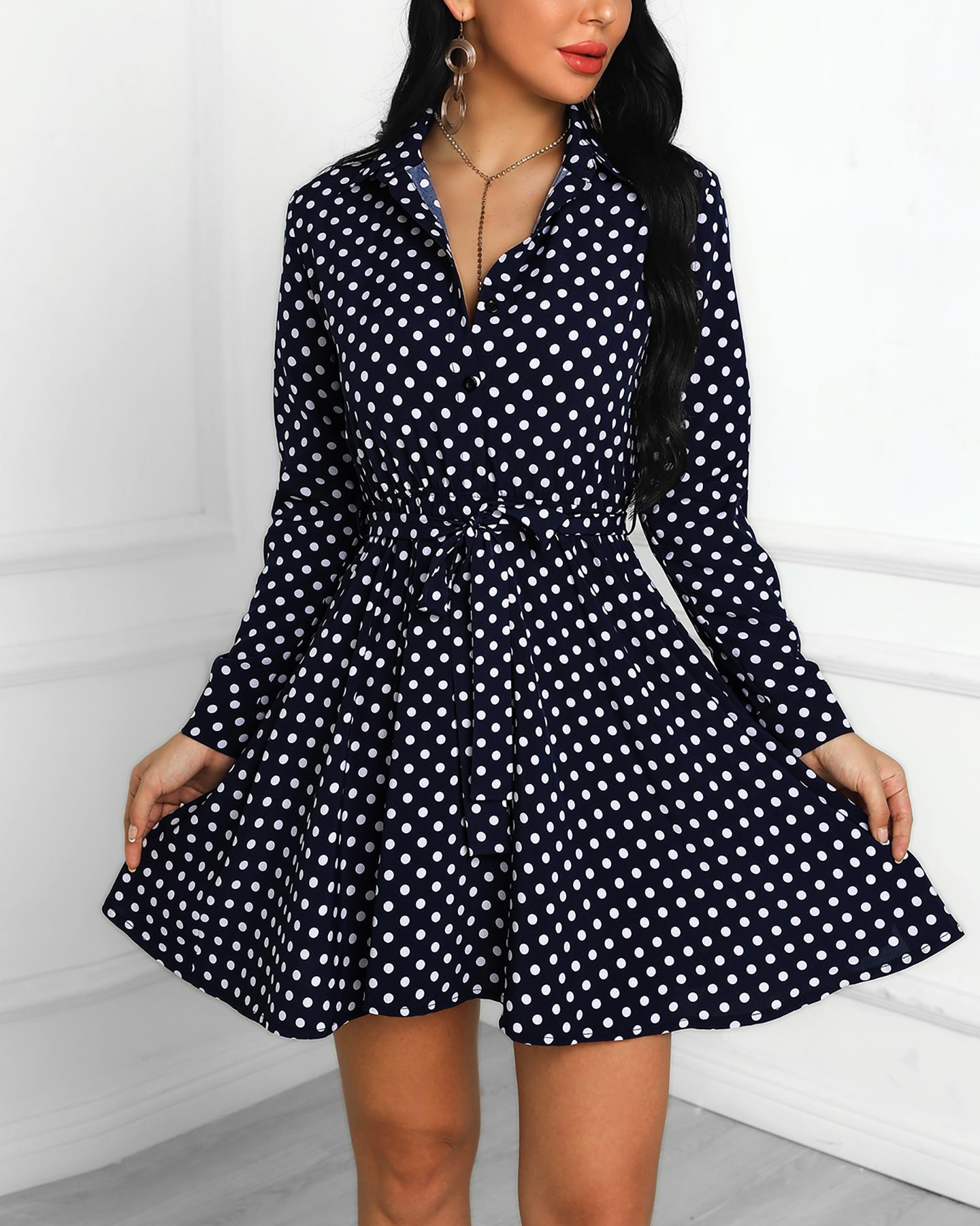 

Dots Print Long Sleeve Shirt Dress, Blue