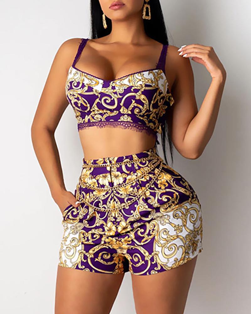 

Lace Retro Print Spaghetti Strap Crop Top & Short Sets, Purple