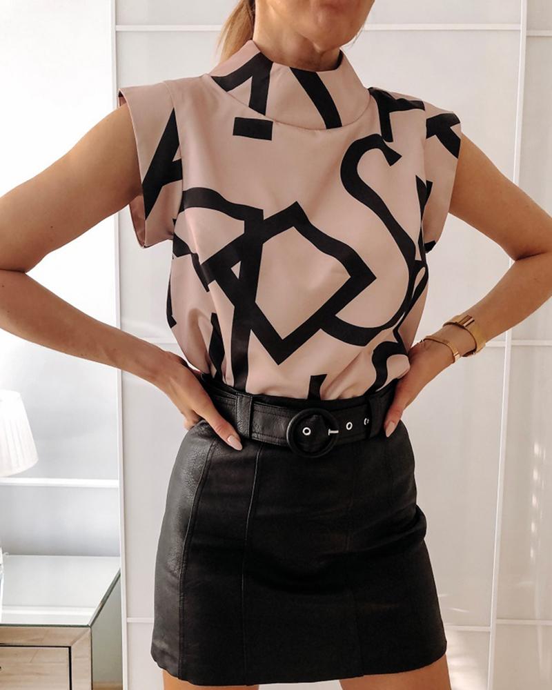 

Random Letter Print Sleeveless Blouse, Apricot