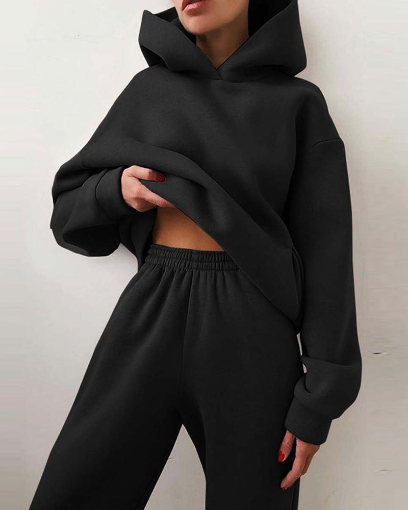 

Long Sleeve Hooded Top & Pocket Design Pants Set, Black