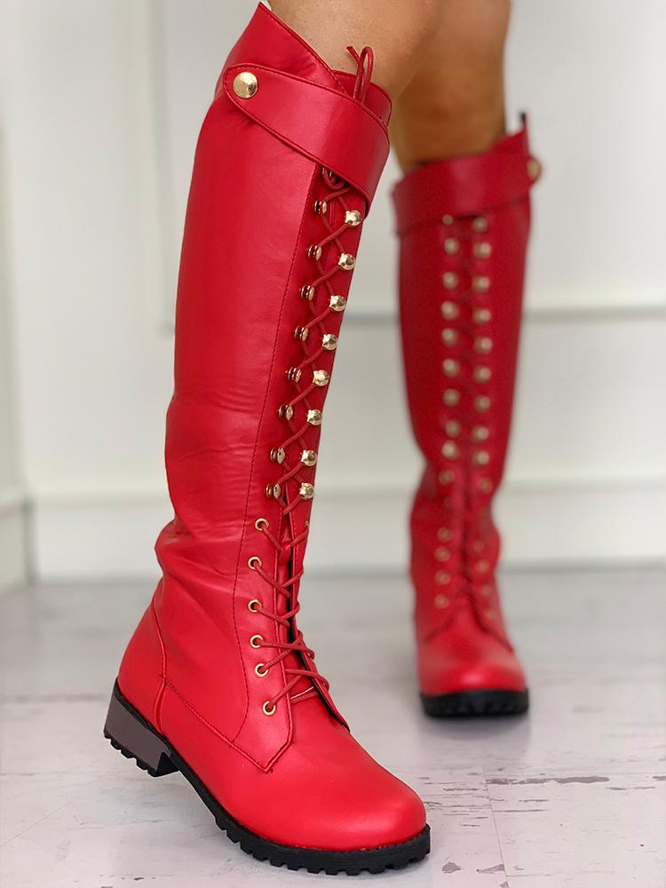 

Eyelet Lace-Up Chunky Heeled PU Boots, Red