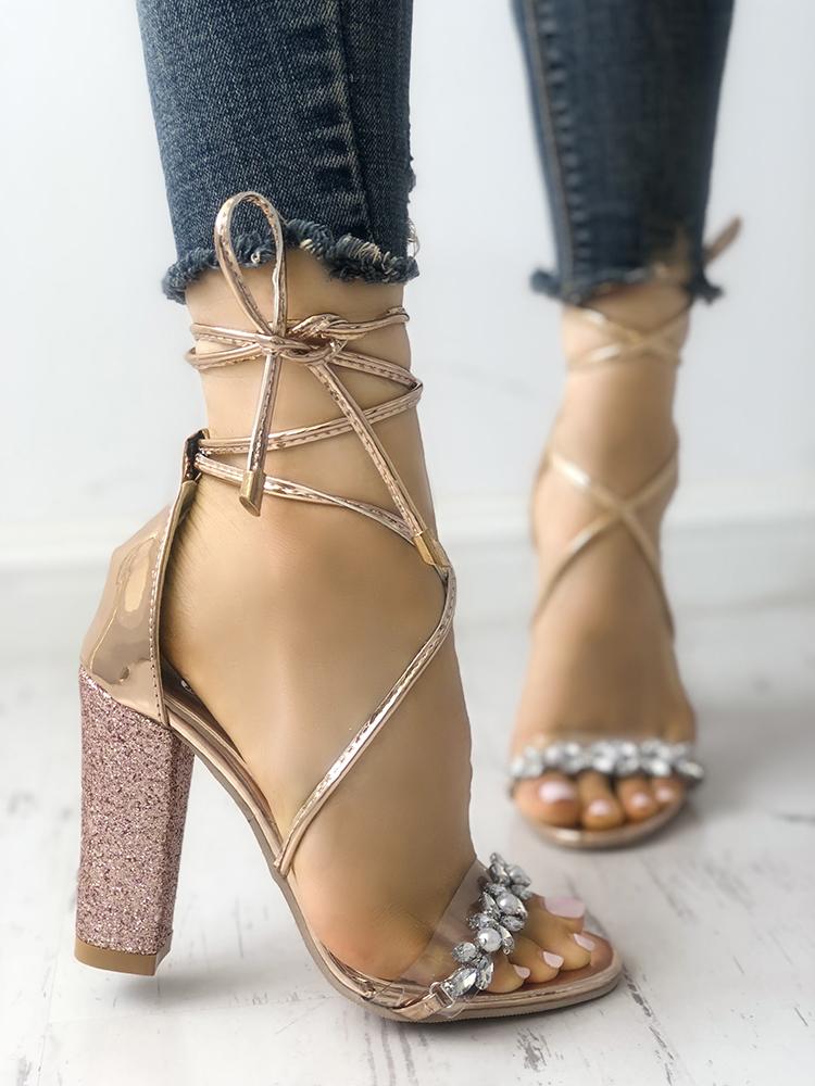 

Shiny Transparent Strappy Chunky Heeled Sandals, Silver