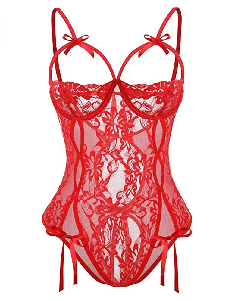 

Plain Lace Sheer Mesh Bowknot Design Teddy, Red
