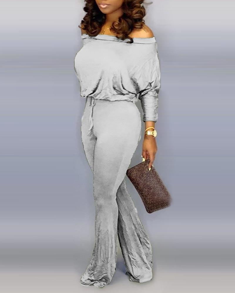 

Skew Neck Batwing Sleeve Drawstring Bell-bottom Jumpsuit, Gray