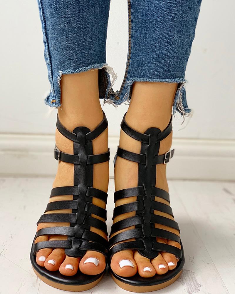 

Solid Multi-Strap Hollow Out Flat Sandals, Black