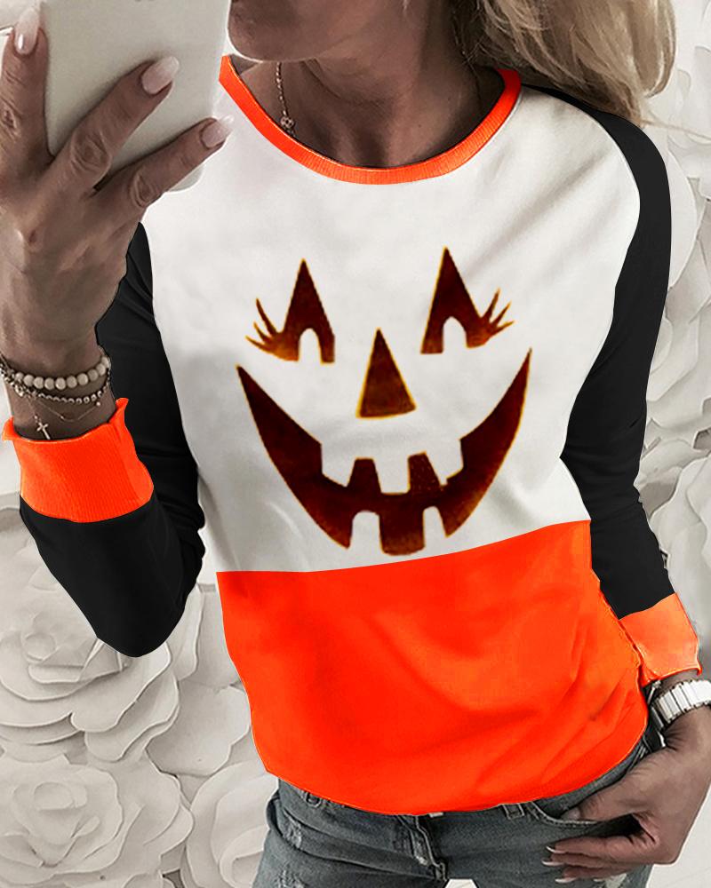 

Halloween Pumpkin Face Print Casual Sweatshirt, Orange