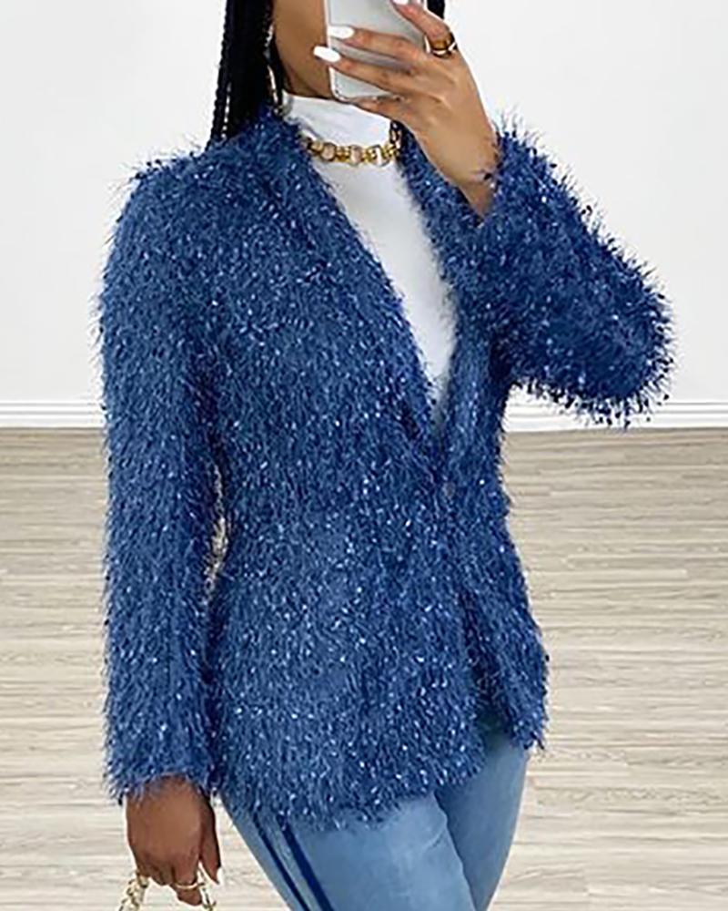 

Glitter Fluffy Long Sleeve Coat, Blue