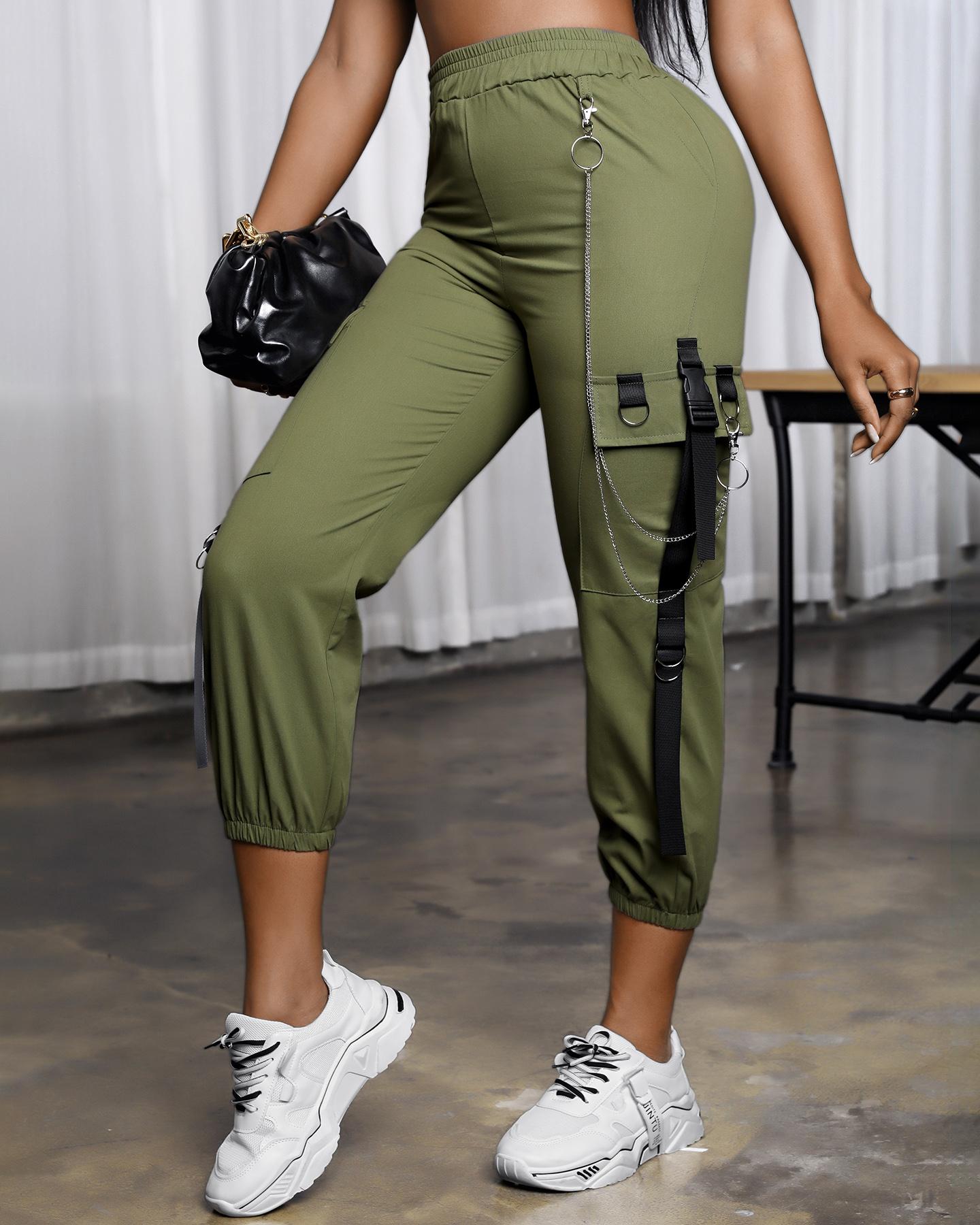 

Pocket Design Chain Tape Decor Cargo Pants, Green