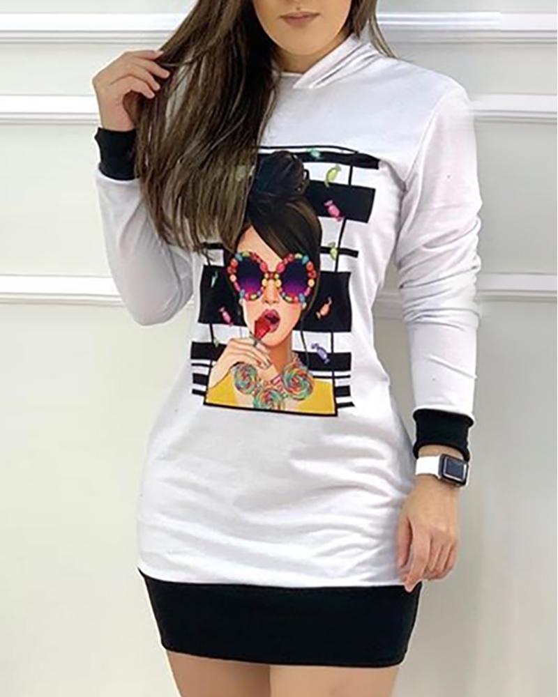 

Figure Print Colorblock Hooded Casual Dress, White