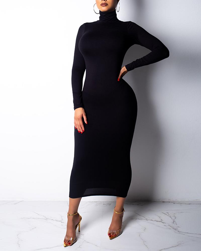 

Solid High Neck Bodycon Midi Dress, Black