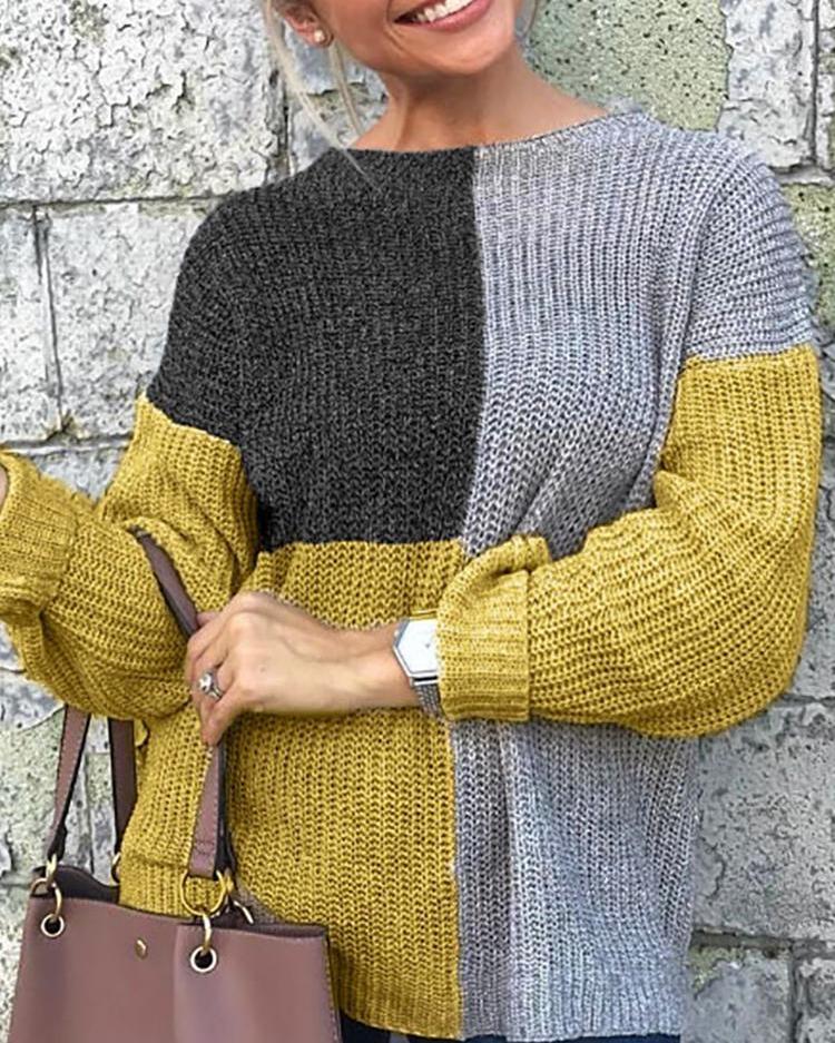 

Contrast Color Splicing Casual Sweater, Yellow