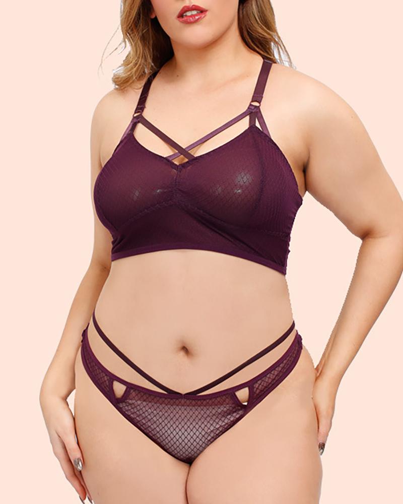 

Plus Size Sheer Mesh Lace Cutout Bra Set, Purple