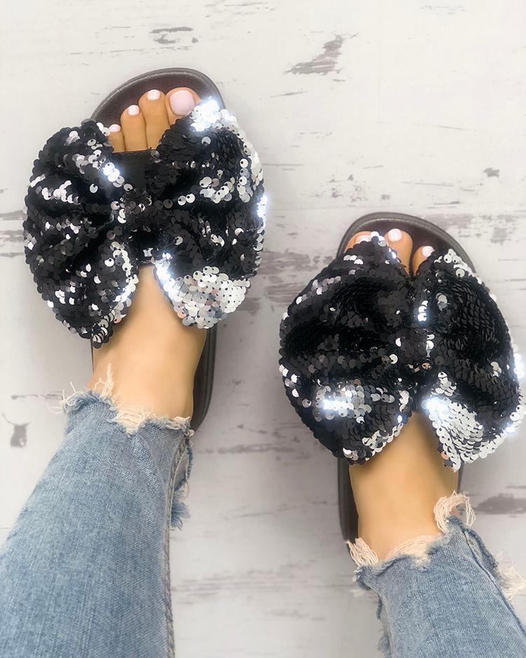 

Sequins Embellished Bowknot Flat Sandals, Black