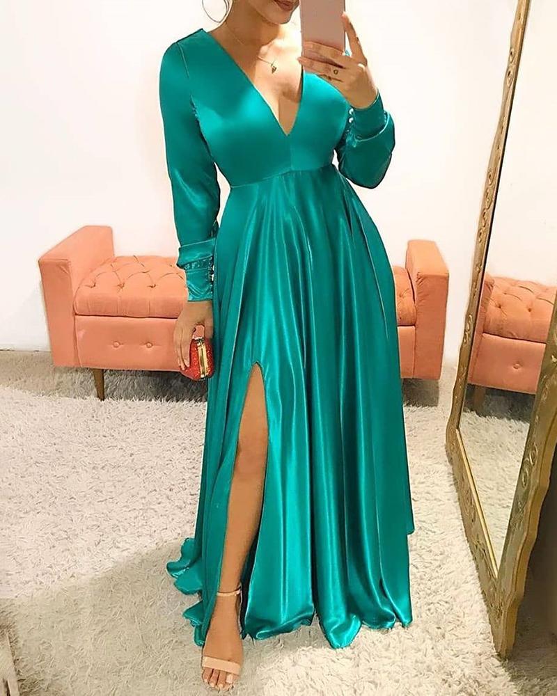 

V-Neck Slide Slit Evening Dress, Green