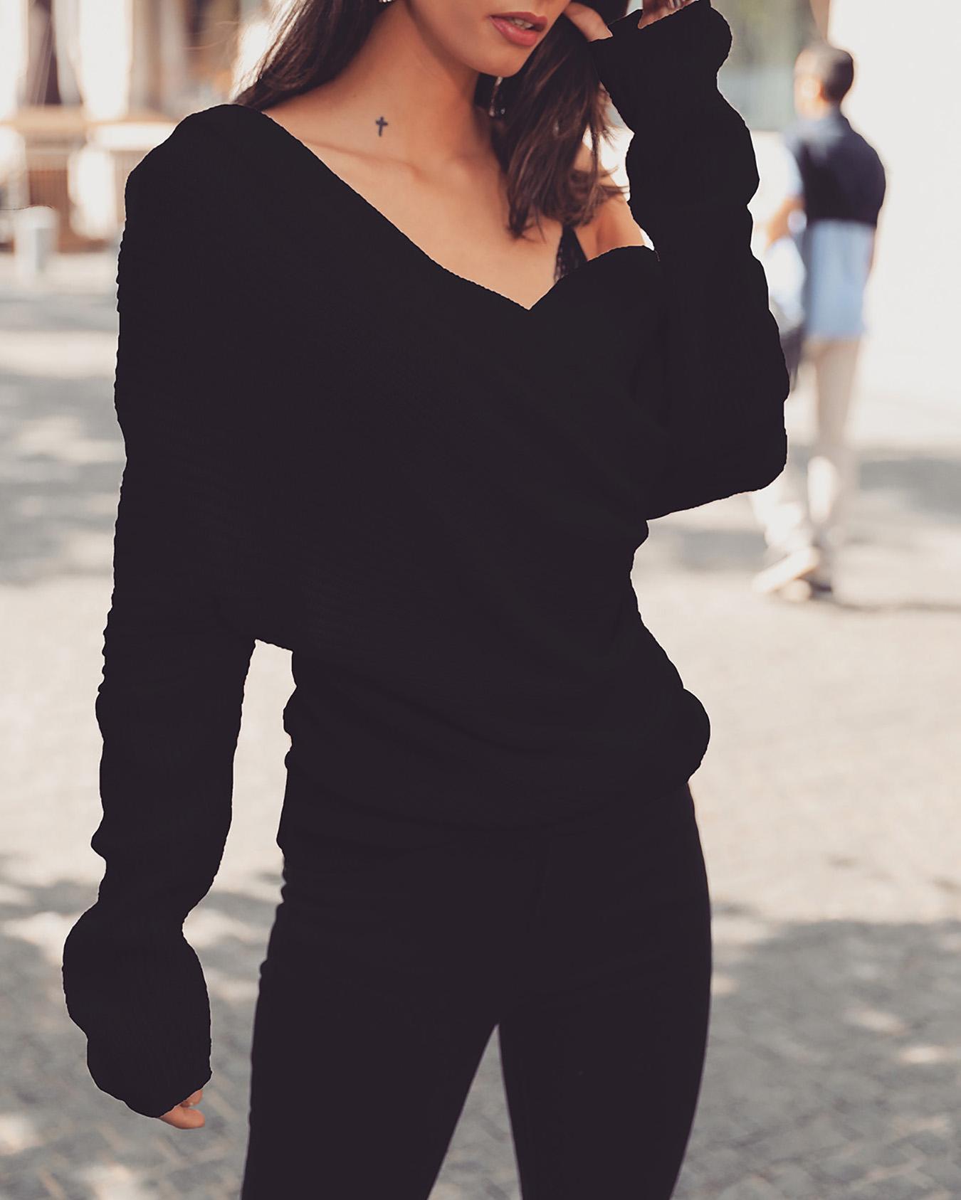 

Solid V-Neck Wrap Casual Sweater, Black
