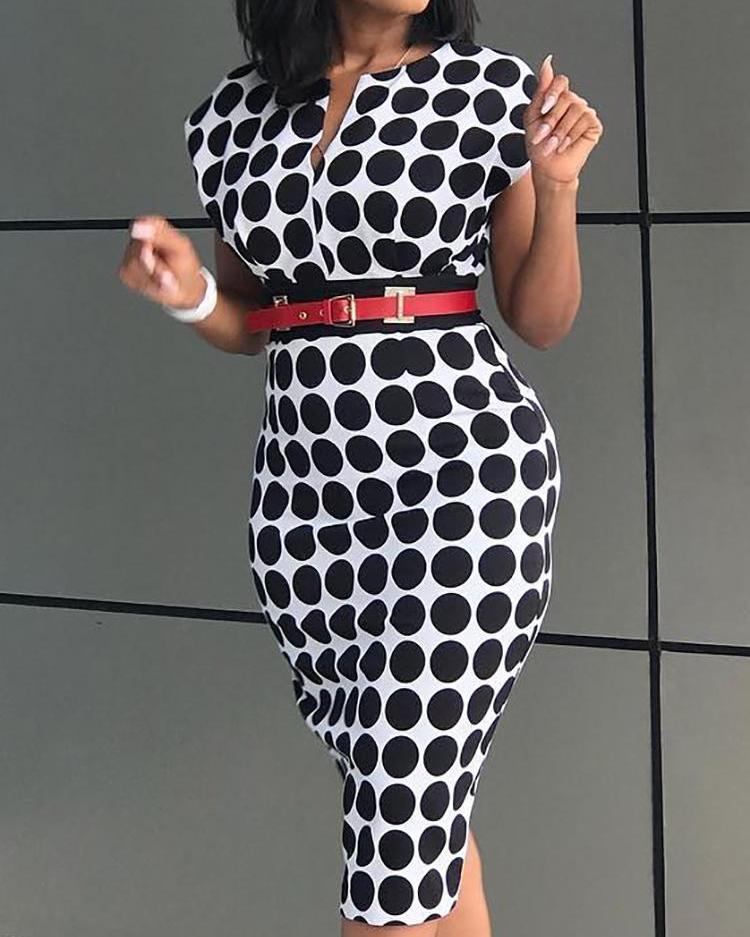 

Formal Polka Dot Print V Neck Sheath Dress, Black