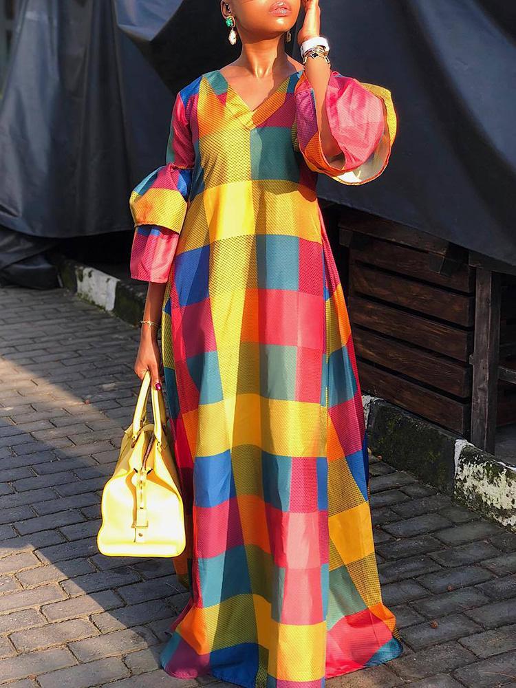 

Colorful Grid Lantern Sleeve Maxi Dress
