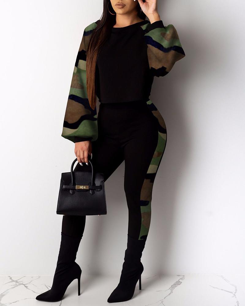 

Camouflage Print Insert Top & Pants Sets, Army green