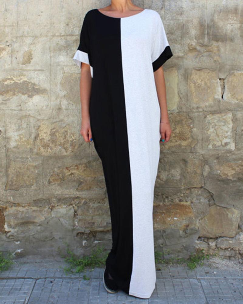 

Colorblock Short Sleeve Casual Maxi Dress, Black