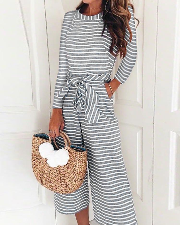 

Striped Long Sleeve Tied Waist Pocket Jumpsuits