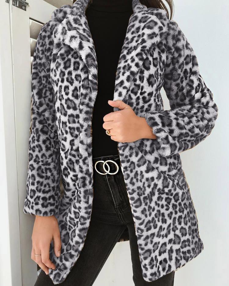 

Leopard Fluffy Open Front Coat, Gray