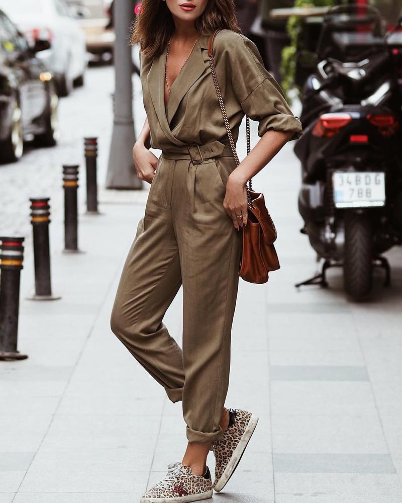 

Solid Notched Collar Casual Jumpsuit, Brown
