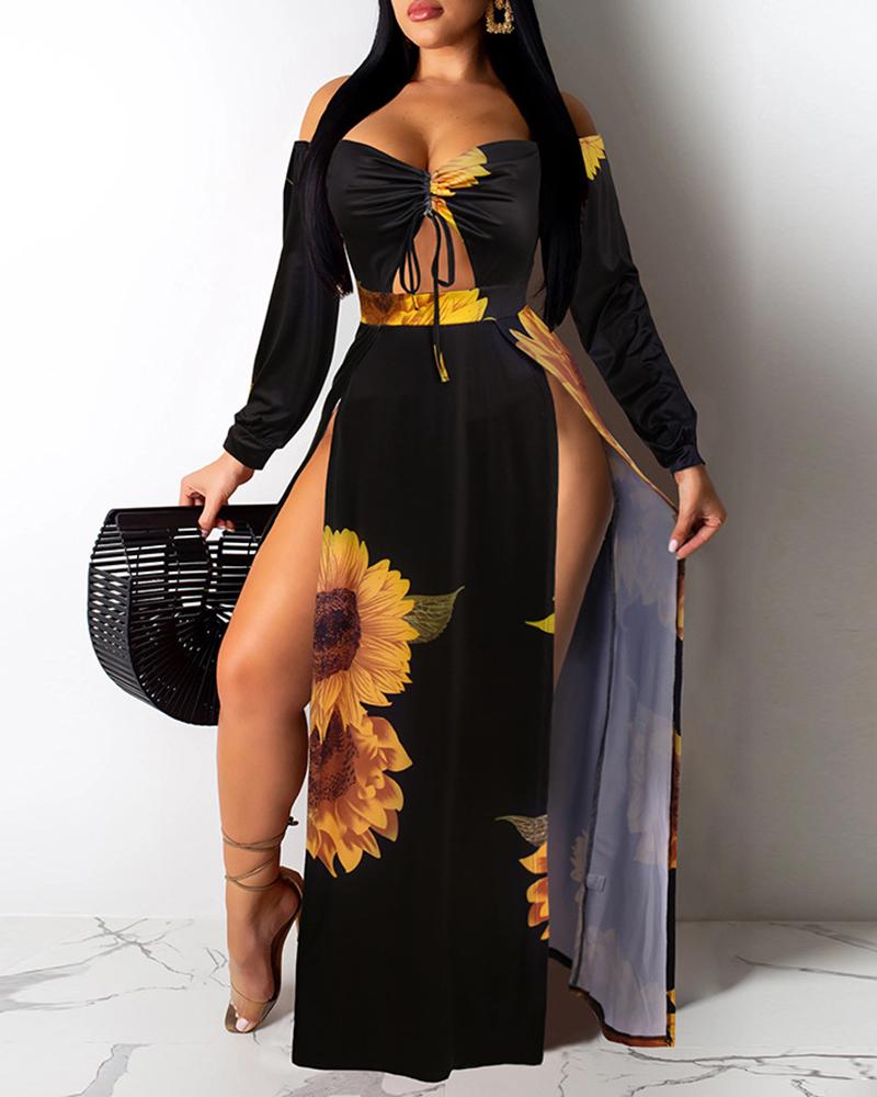 

Off Shoulder Floral Print Thigh Slit Maxi Dress, Black