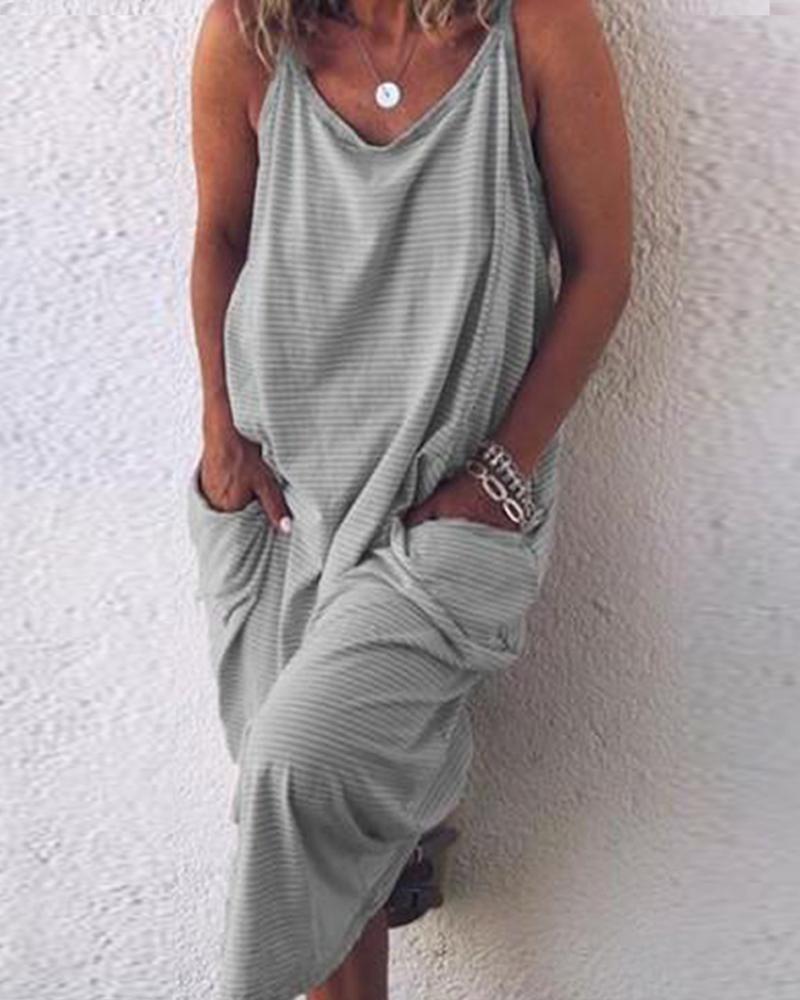 

Striped Double Pockets Camisole Maxi Dress, Gray