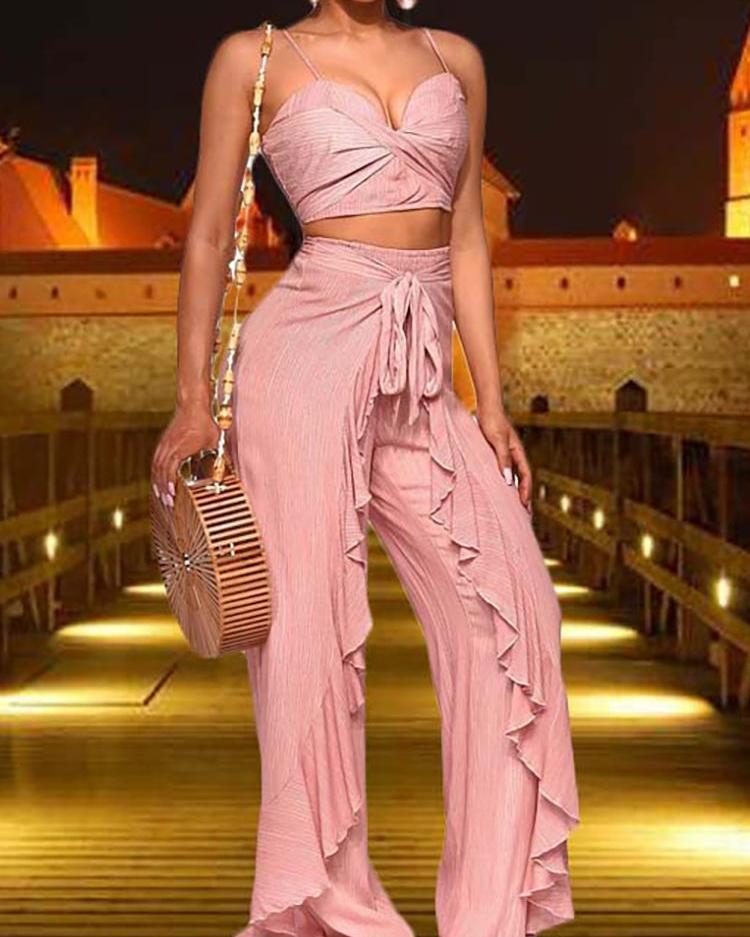 

Crisscross Crop Top & Wide Leg Pants Set, Pink