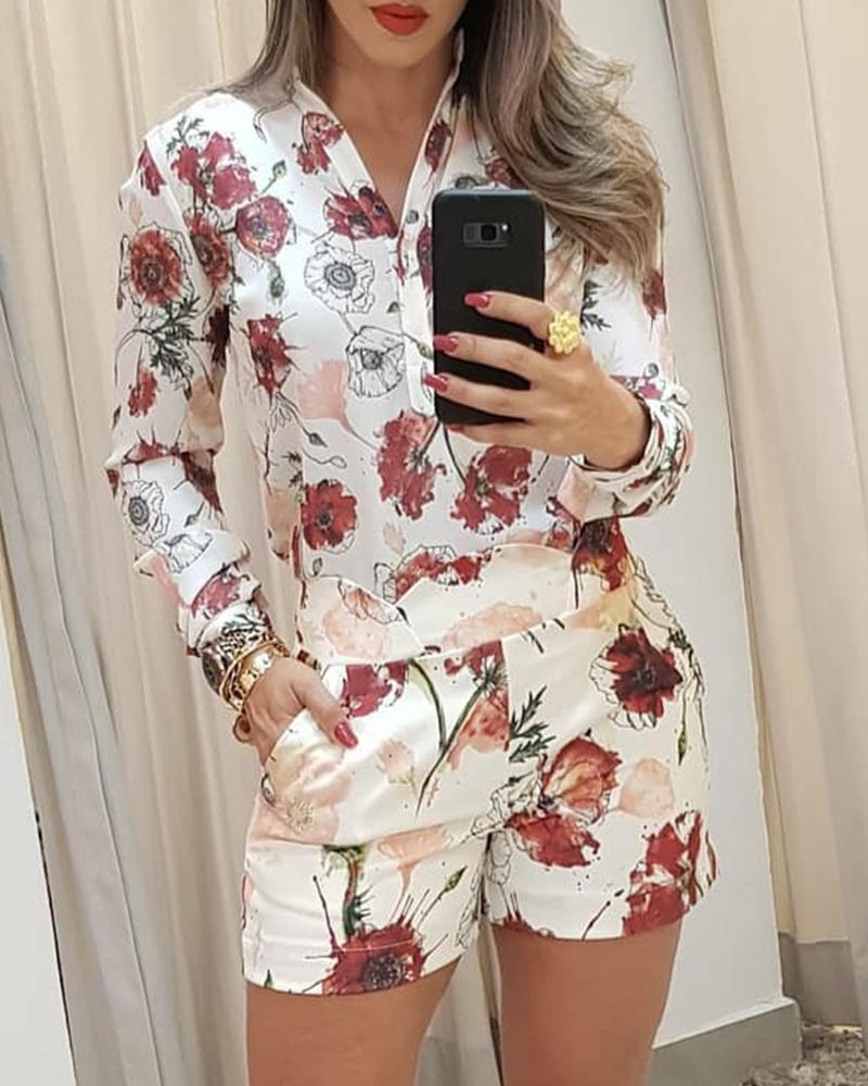 

Flower Print Long Sleeve Suit Sets, Beige