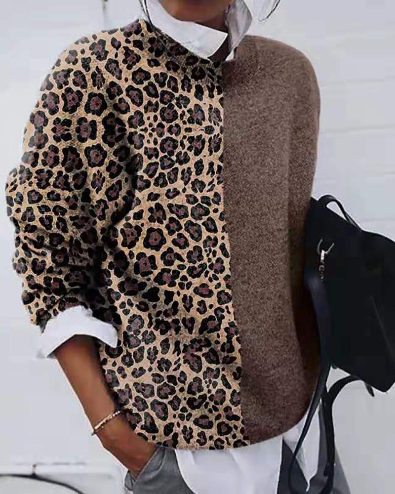

Colorblock Leopard Print Knitting Sweater, Khaki