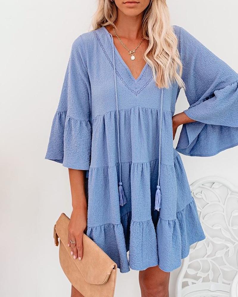 

Tassel Design Bell Sleeve Ruched Casual Dress, Blue